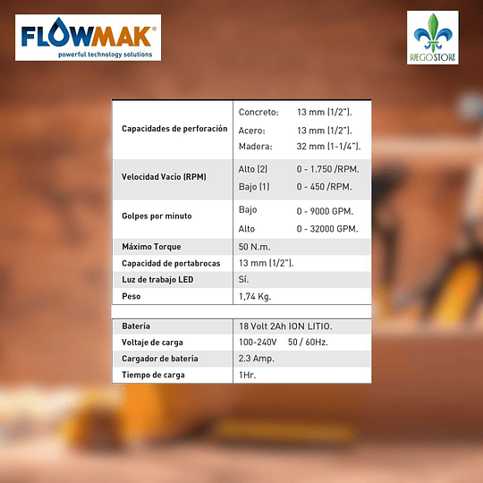 Taladro Percutor 13 mm CD-LO318 18v 2Ah (SIN Batería y  SIN Cargador) - FlowMak