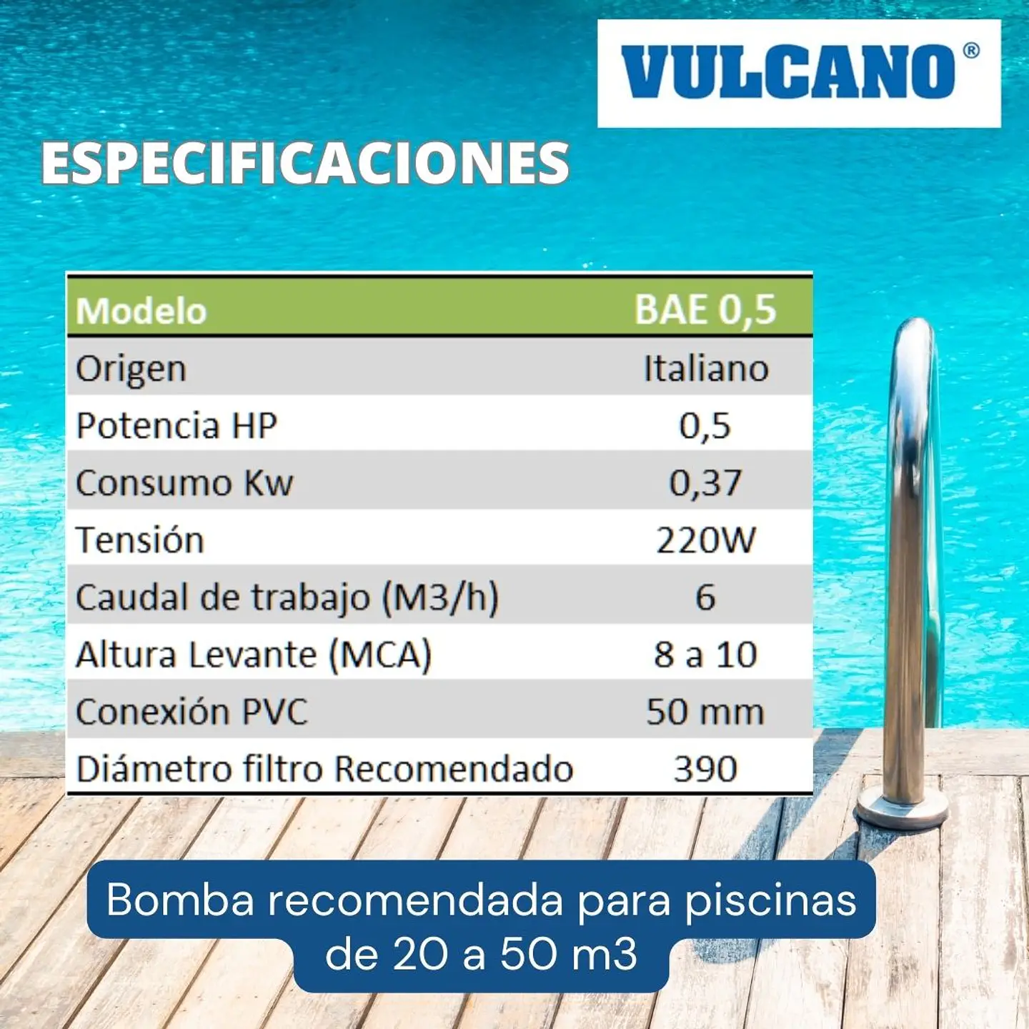 Bomba Piscina Premium BAE  0.50 HP Motor Italiano Vulcano 2