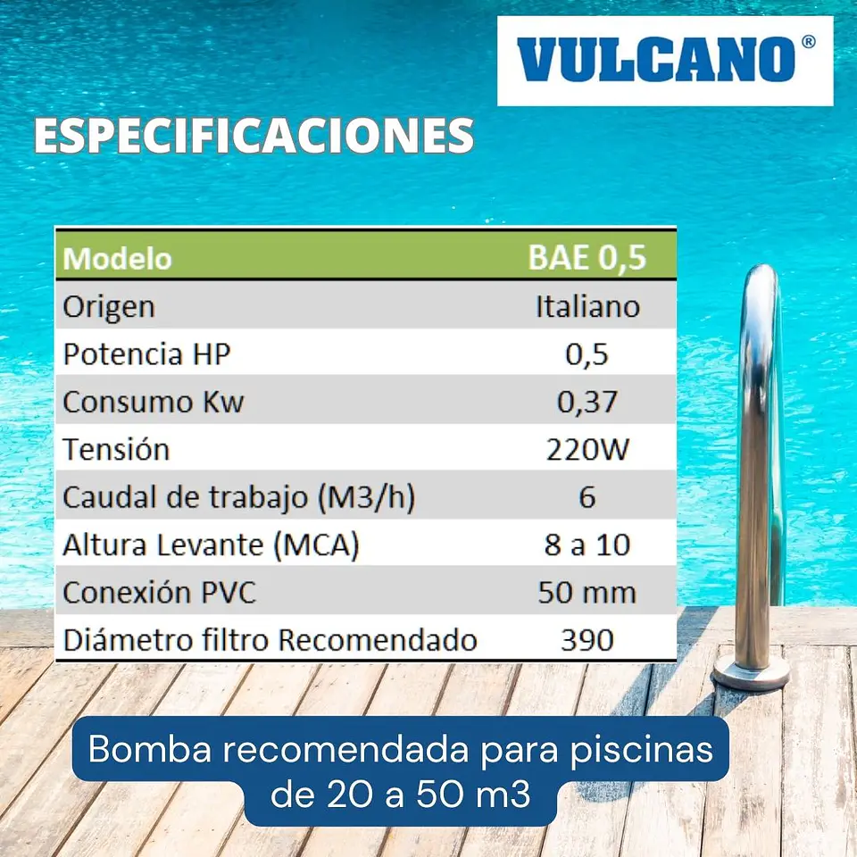 Bomba Piscina Premium BAE  0.50 HP Motor Italiano Vulcano 2
