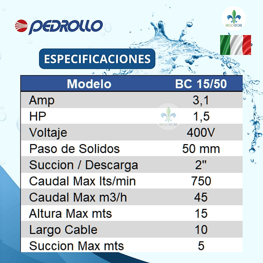 Bomba Aguas Negras BC 15/50 1.5 HP 400V - Pedrollo