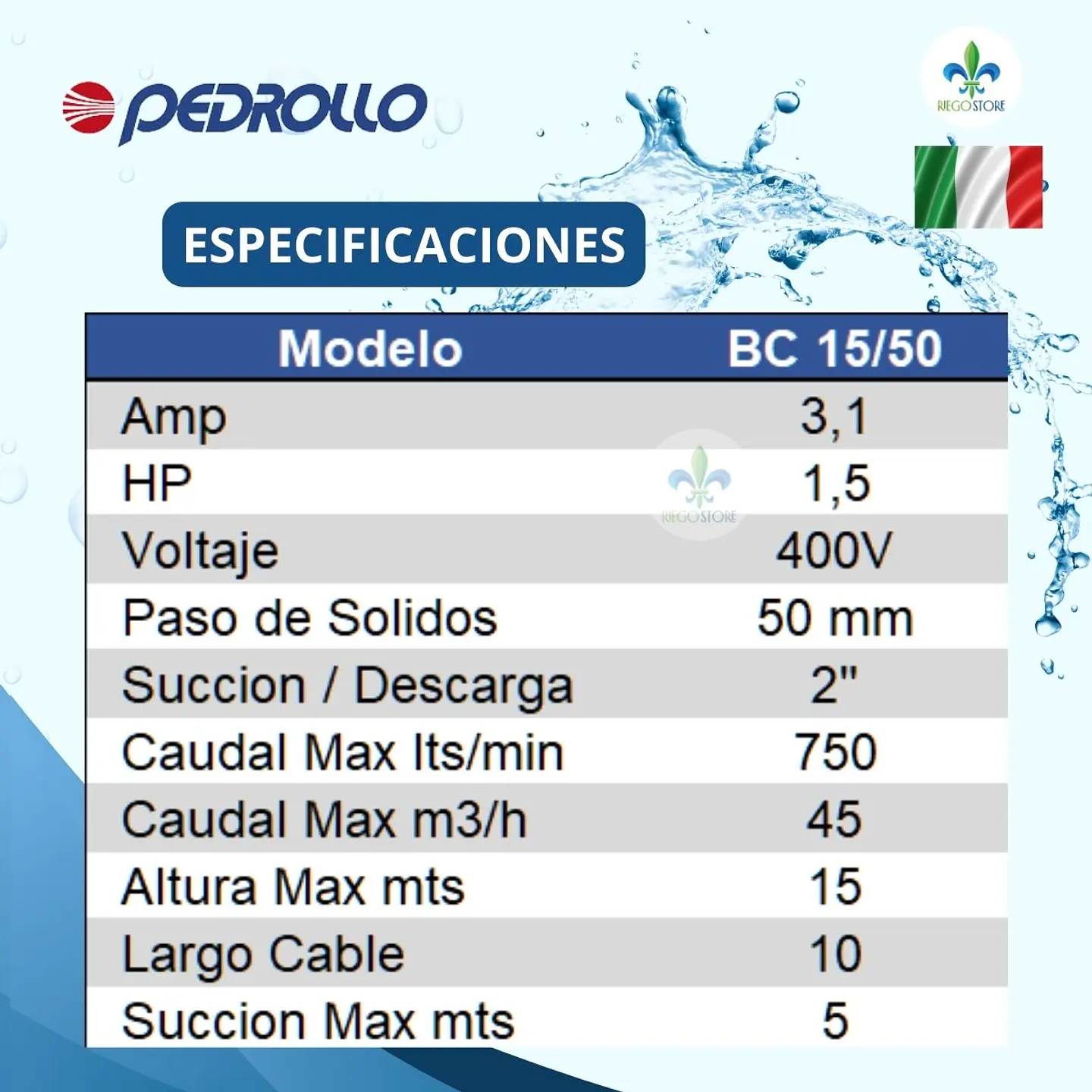 Bomba sumergible Pedrollo BC 15/50 1.5 HP 400V 5