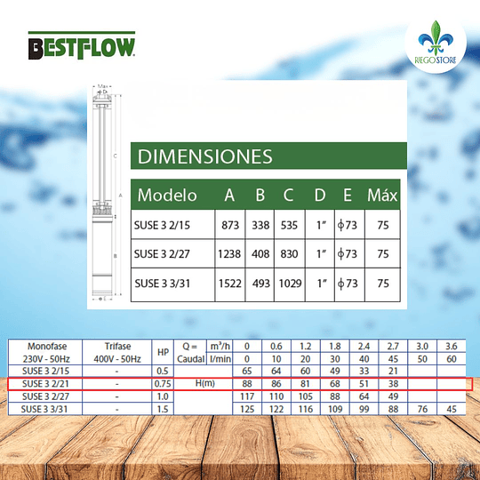 Bomba  Pozo SUSE 3 2/21 0.75 hp 30 m cable - Bestflow