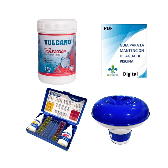 Kit Mantencion Piscina triple Cloro, Boya y Tester - Vulcano