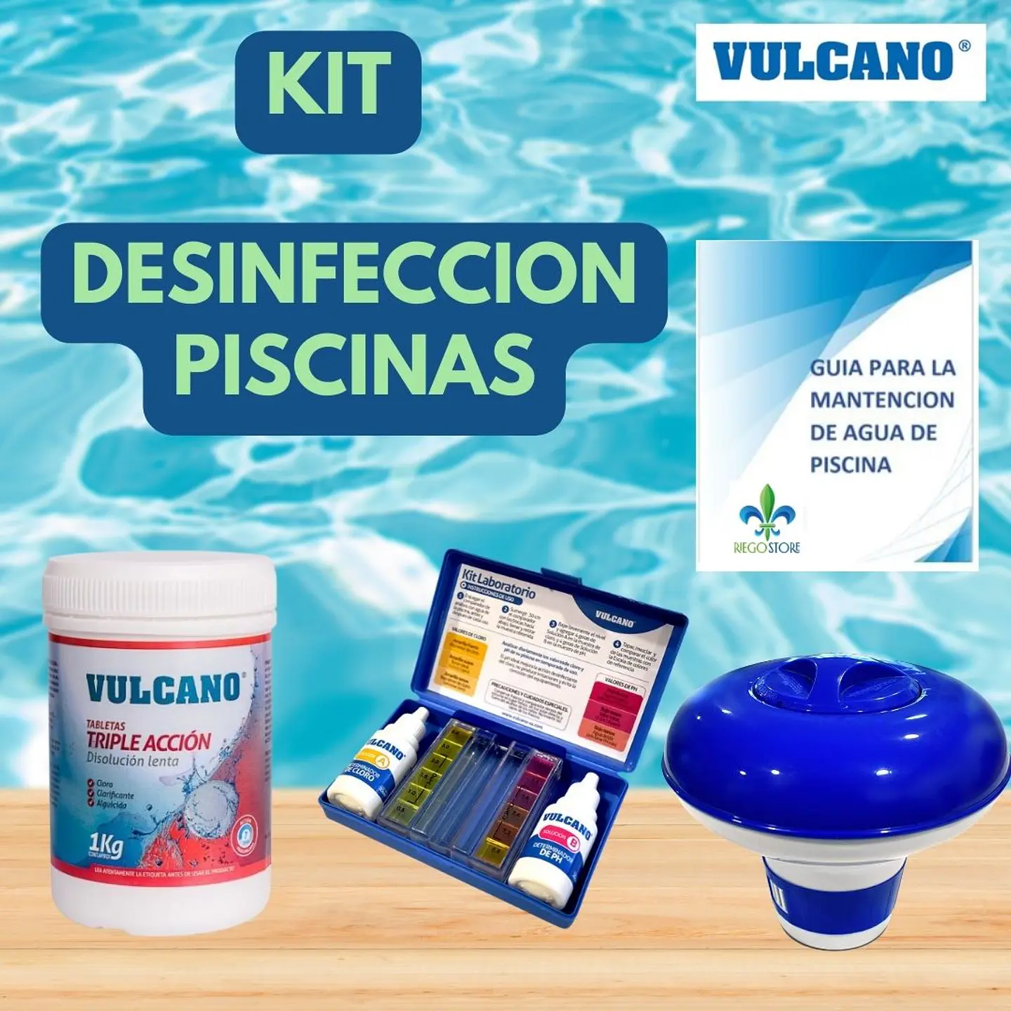 Kit Mantencion Piscina triple Cloro, Boya y Tester - Vulcano 1