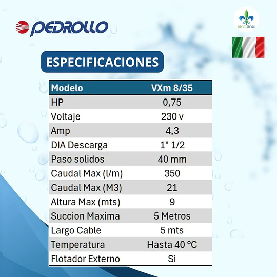 Bomba Drenaje Vortex Aguas Negra VXm 8/35 0.75 HP - Pedrollo