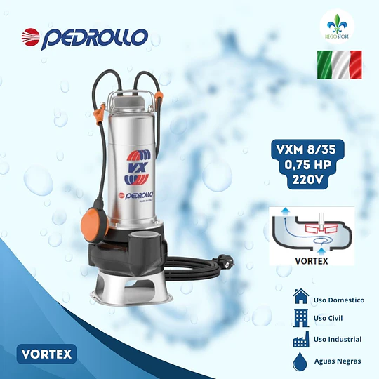 Bomba Drenaje Vortex Aguas Negra VXm 8/35 0.75 HP - Pedrollo