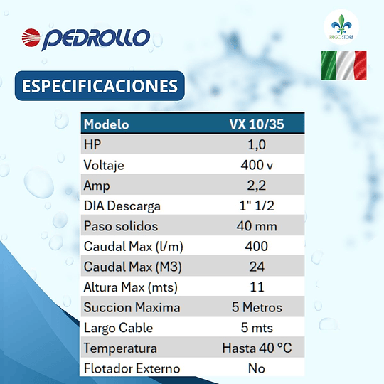 Bomba Drenaje Vortex Aguas Negra VX 10/35 1.0 HP - Pedrollo