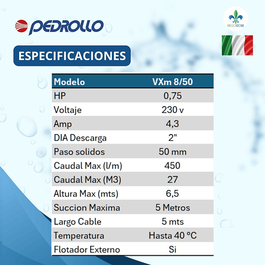 Bomba Drenaje Vortex Aguas Negra VXm 8/50 0.75 HP - Pedrollo