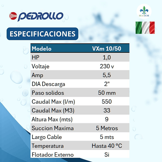 Bomba Drenaje Vortex Aguas Negra VXm 10/50 1.0 HP - Pedrollo