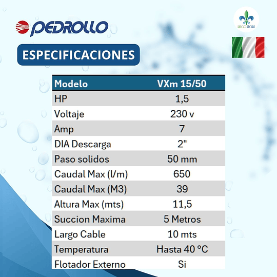Bomba Drenaje Vortex Aguas Negra VXm 15/50 1.5 HP - Pedrollo