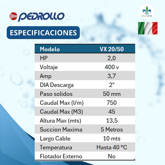 Bomba Drenaje Vortex Aguas Negra VX 20/50 2.0 HP - Pedrollo