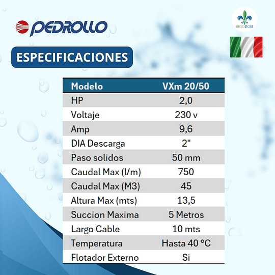Bomba Drenaje Vortex Aguas Negra VXm 20/50 2.0 HP - Pedrollo
