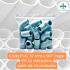 Codo 32 mm PVC Hidraulico 90 grados a Pegar Bolsas
