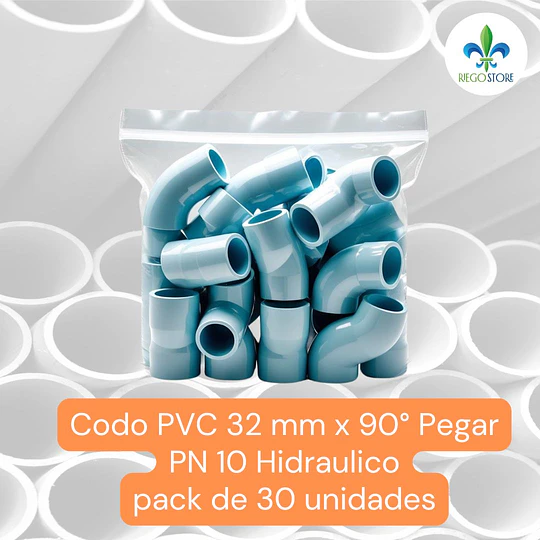 Codo 32 mm PVC Hidraulico 90 grados a Pegar Bolsas