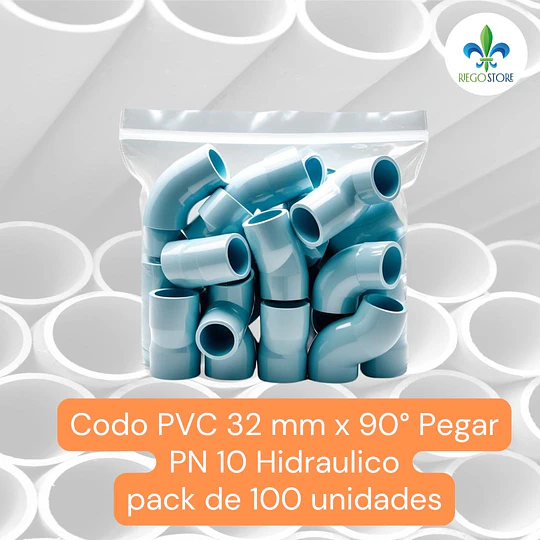 Codo 32 mm PVC Hidraulico 90 grados a Pegar Bolsas