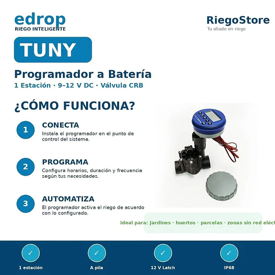 PROGRAMADOR TUNY A BATERIA 1 EST 9-12 VOLT DC CON VÁLVULA CRB - EDROP