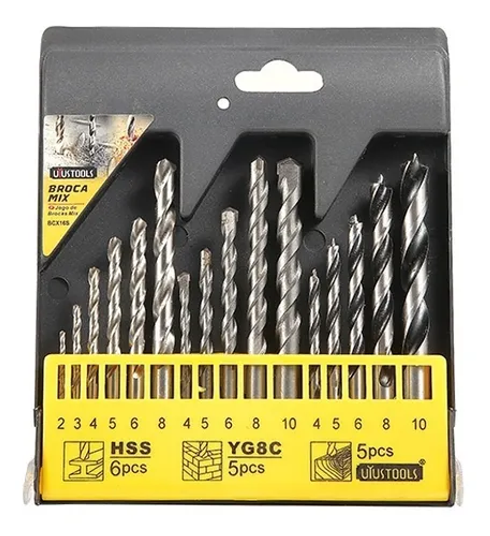 Broca Mix 16Pcs-Mm (Fie/Mad/Conc) Uyustools BCX16S 1