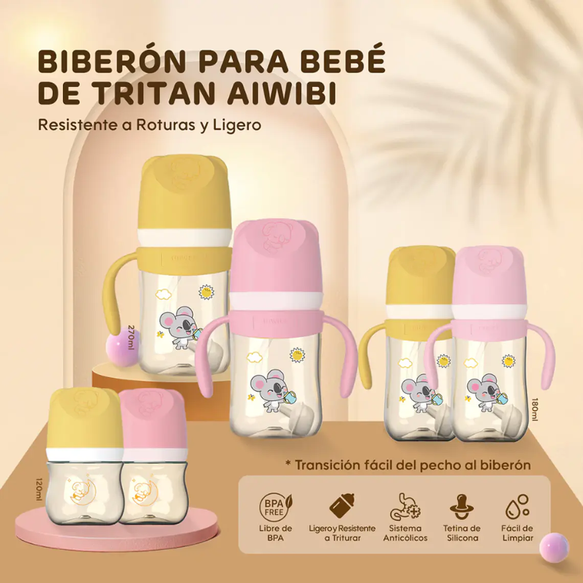 Aiwibi Mamadera Antigases Tritán Para Bebés RN - 120ml 6