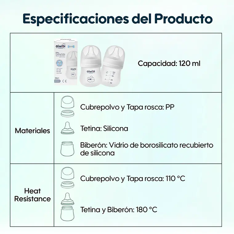 Aiwibi Mamadera Antigases de Vidrio Para Bebés 12