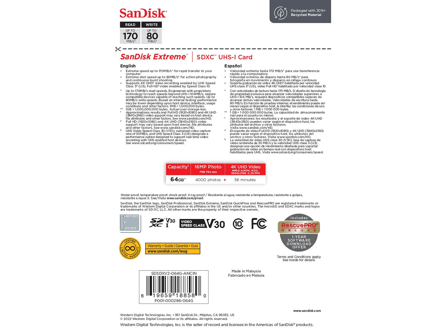 Sandisk SDXC Extreme 64GB 170mb/s V30 4