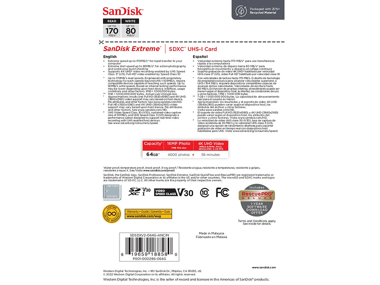 Sandisk SDXC Extreme 64GB 170mb/s V30 4