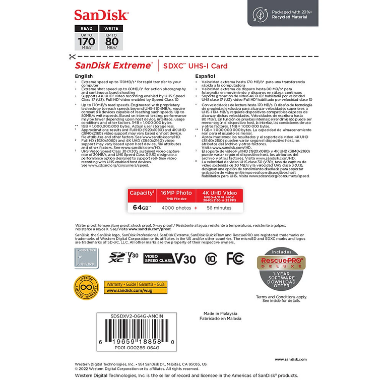 Sandisk SDXC Extreme 64GB 170mb/s V30 4