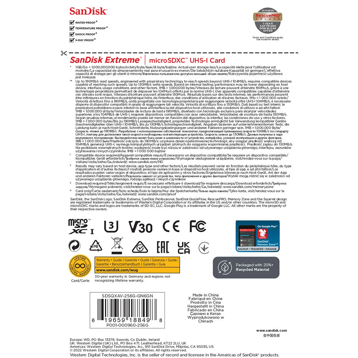 Sandisk SanDisk Extreme 256gb microSDXC UHS-I 130 mb/s W 190mb/s R 2