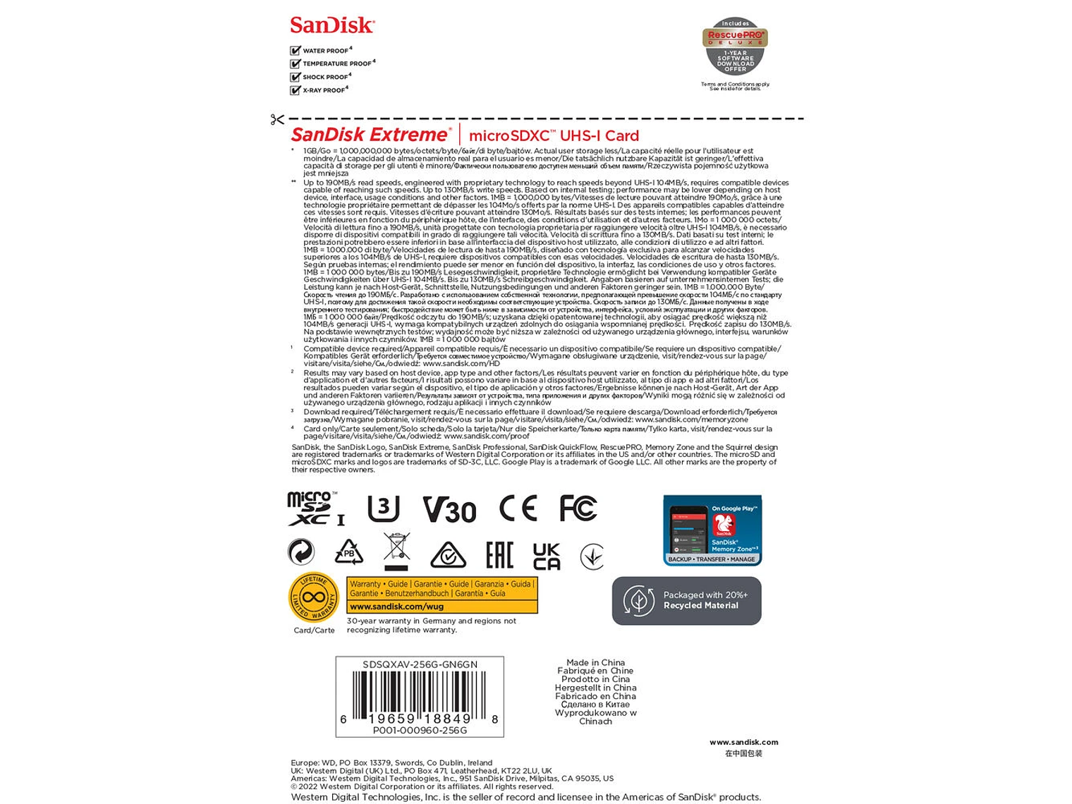 Sandisk SanDisk Extreme 256gb microSDXC UHS-I 130 mb/s W 190mb/s R 2