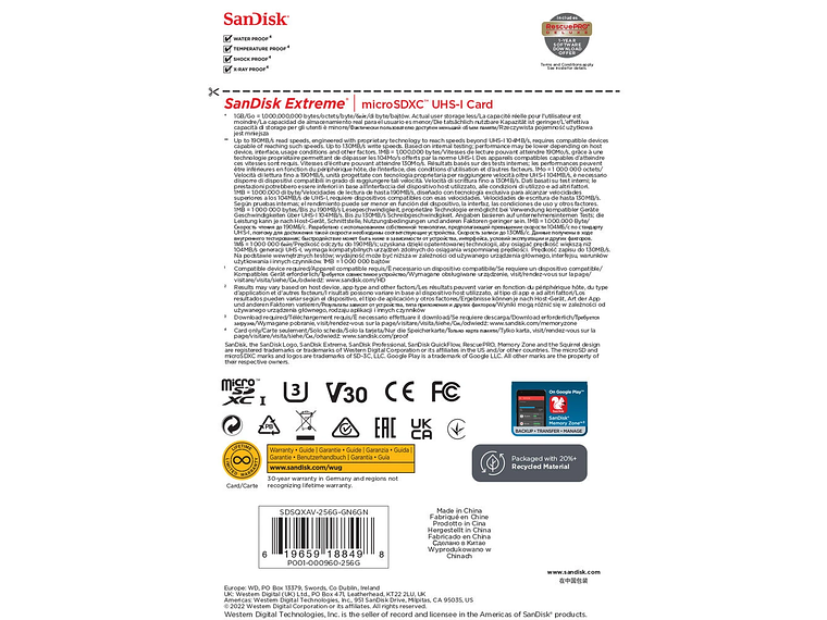 Sandisk SanDisk Extreme 256gb microSDXC UHS-I 130 mb/s W 190mb/s R 2