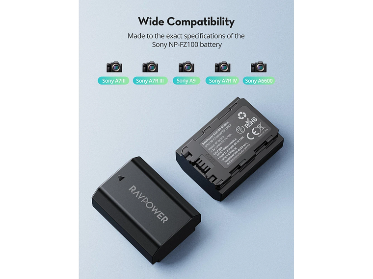 Ravpower  Bateria Reemplazo Sony NP-FZ100 Kit 2x con Cargador USB 4