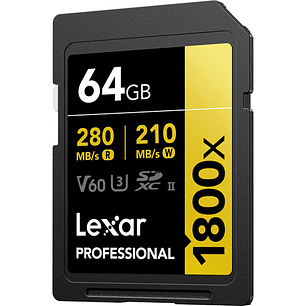 Tarjeta de memoria SDXC Lexar 64gb 1800x SDXC UHS-II 280/210 mb/s v60 gold