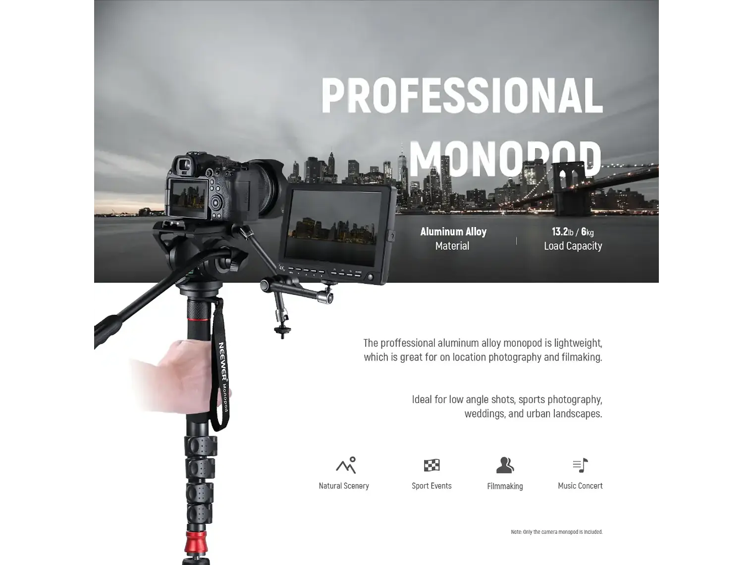 Neewer Manopie GM76 Profesional 179cm con Cabezal Fluido 5