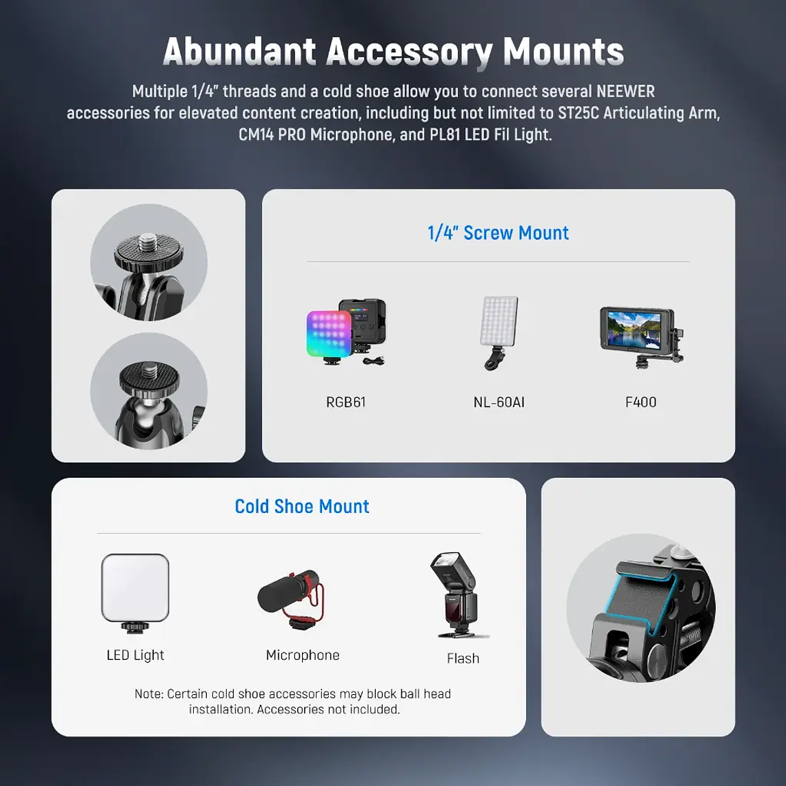 Neewer Brazo Magico doble con Super Clamp y Cabezal Bola 3