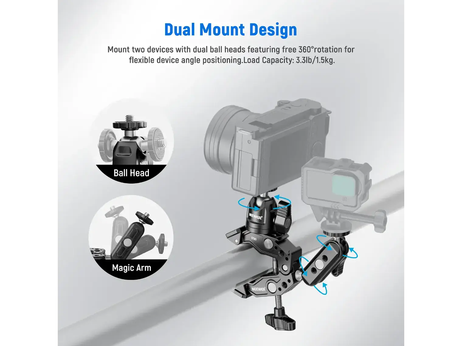 Neewer Brazo Magico doble con Super Clamp y Cabezal Bola 4