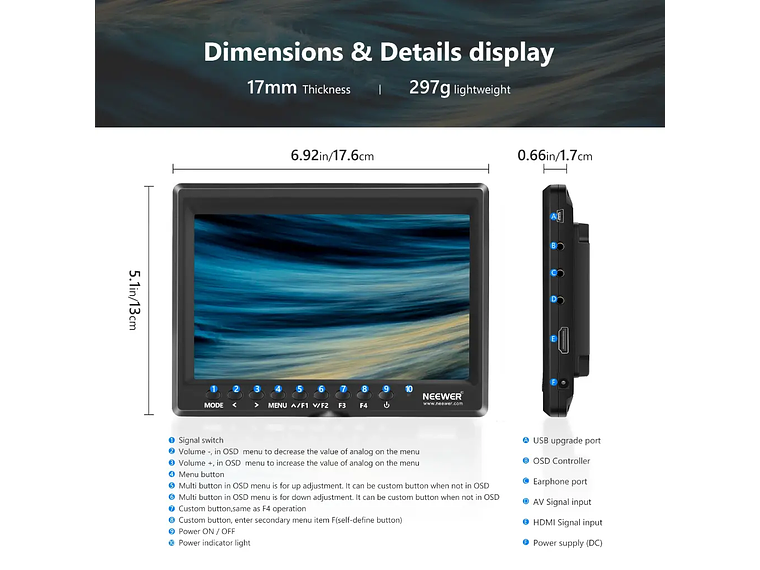 Neewer Monitor Neewer F100  7 pulgadas con Bateria y estuche 2