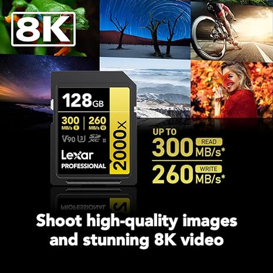 Lexar Tarjeta SD profesional de 128 GB 2000x V90 Full HD 8K 2