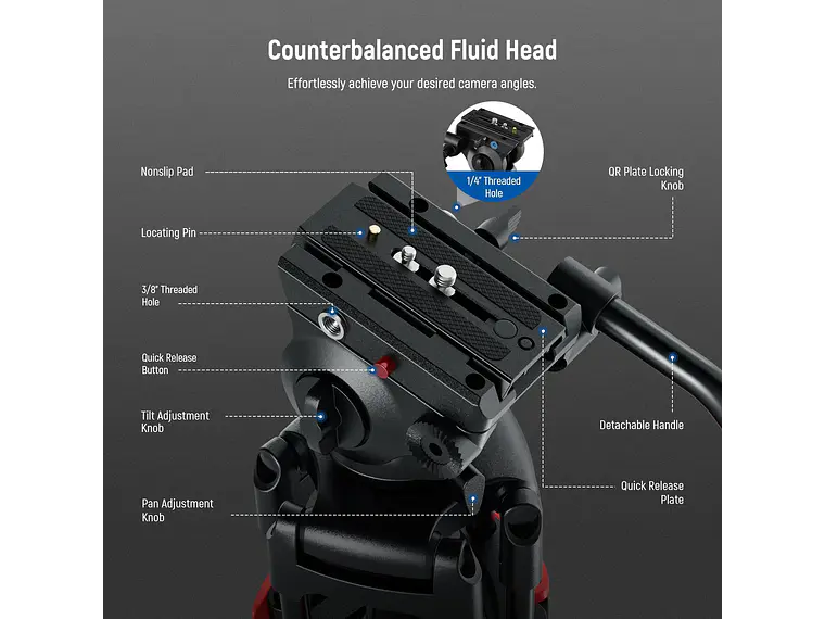 Trípode de vídeo NEEWER BASICS TP37 de 187cm con cabezal fluido 5