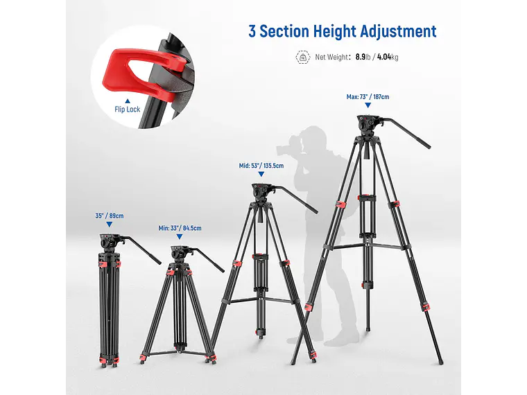 Trípode de vídeo NEEWER BASICS TP37 de 187cm con cabezal fluido 9