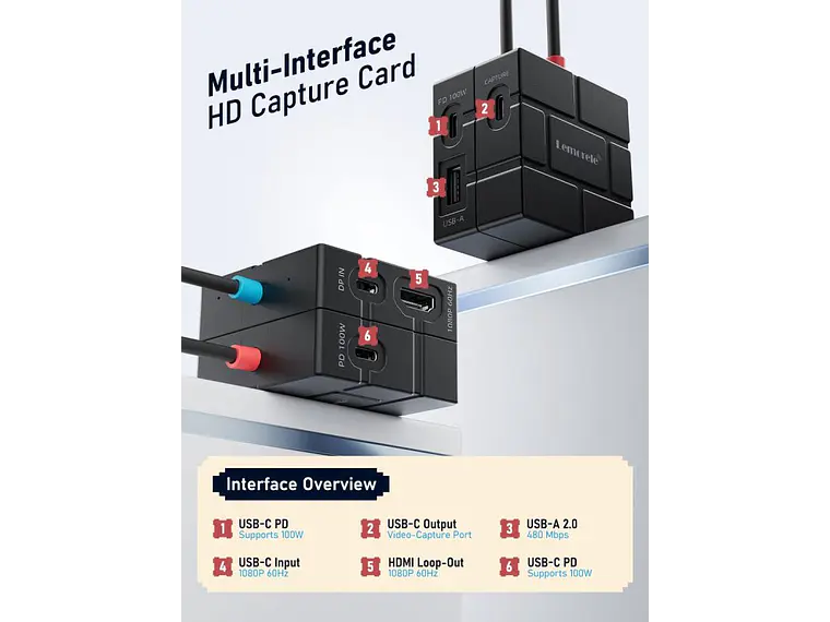 LEMORELE AC12 Capturadora de Video 1080P + HUB USB-C 4