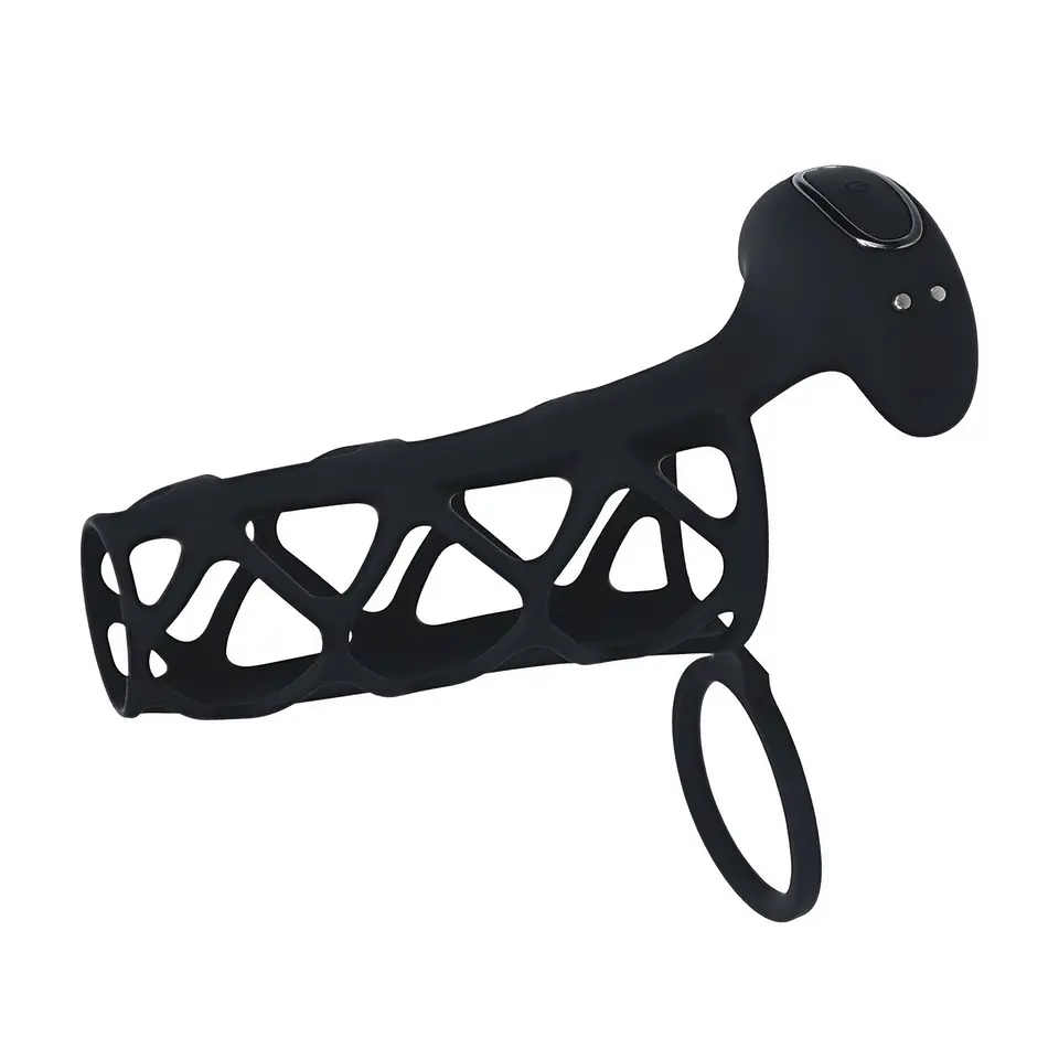 Manga para o Pénis em Silicone com Vibração e Anel para Testículos Preto Levelz 1