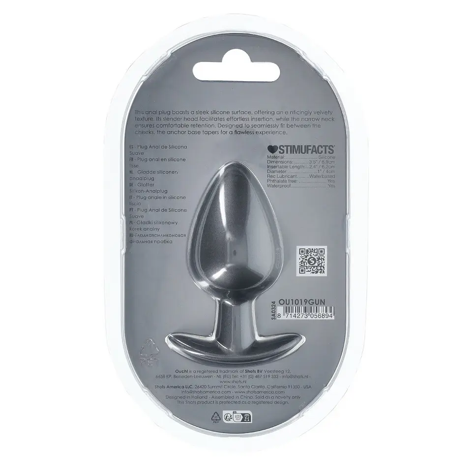 Plug Anal Smooth Silicone Large 3,5 /8,9 CM Gun Metal Ouch! 3