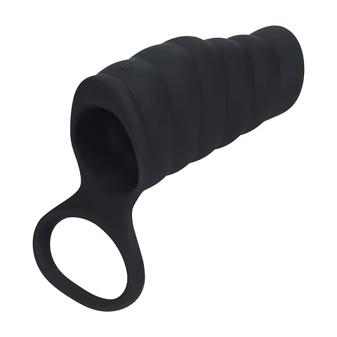 Manga Vibratória de Silicone com Estrias para o Pênis e Anel para os Testículos Preto Levelz