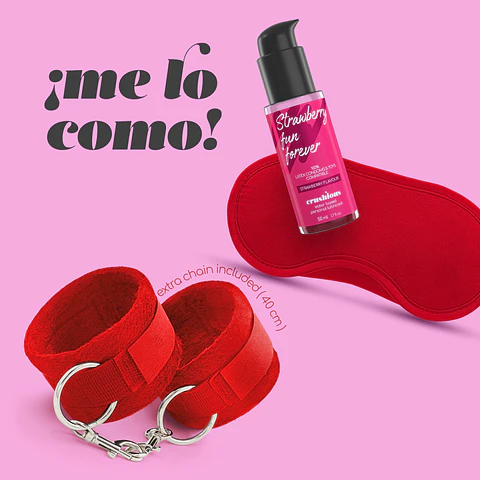 Me Lo Como Conjunto de Algemas de Velcro + Venda Acetinada e Lubrificante Beijável de Morango Crushious
