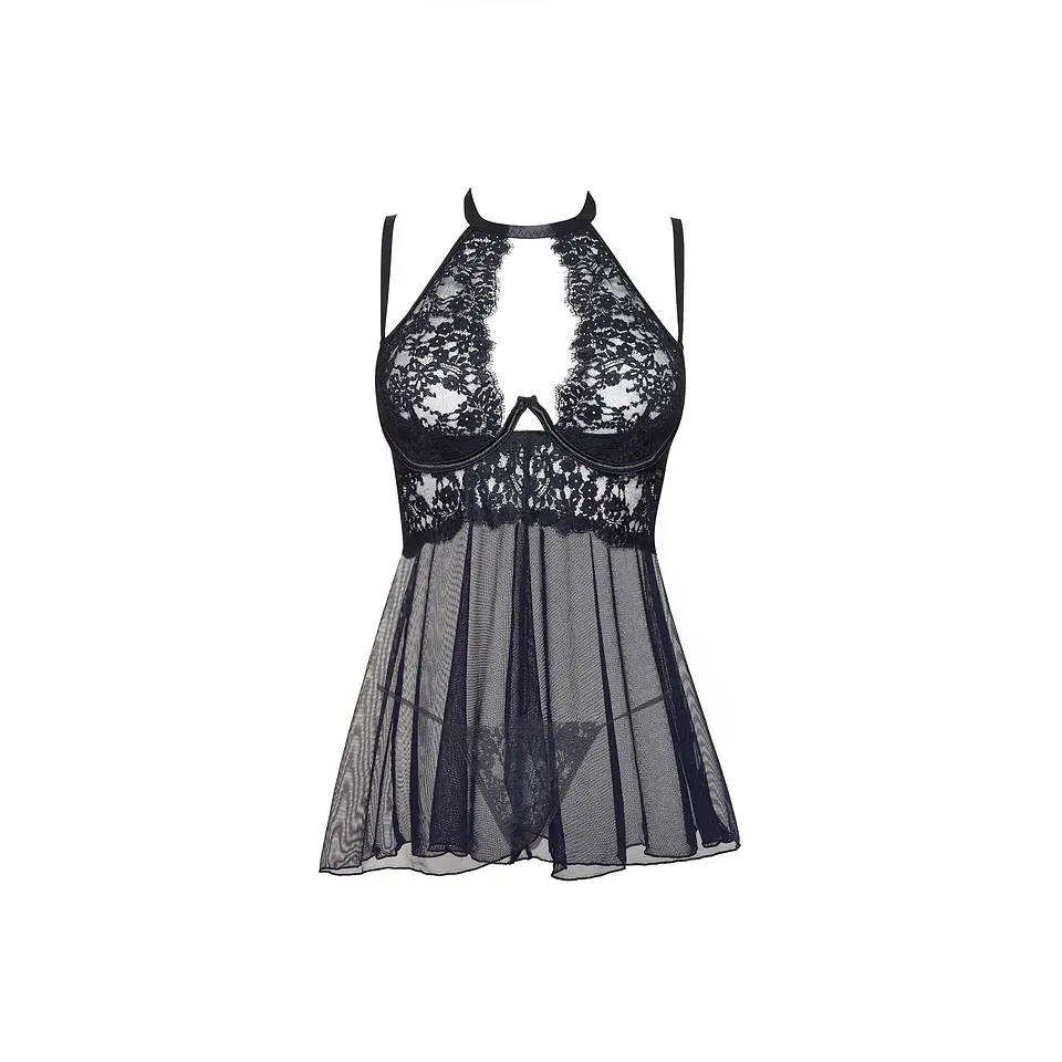 Camisa de Noite e Tanga Mariana Preta Beauty Night Fashion 3