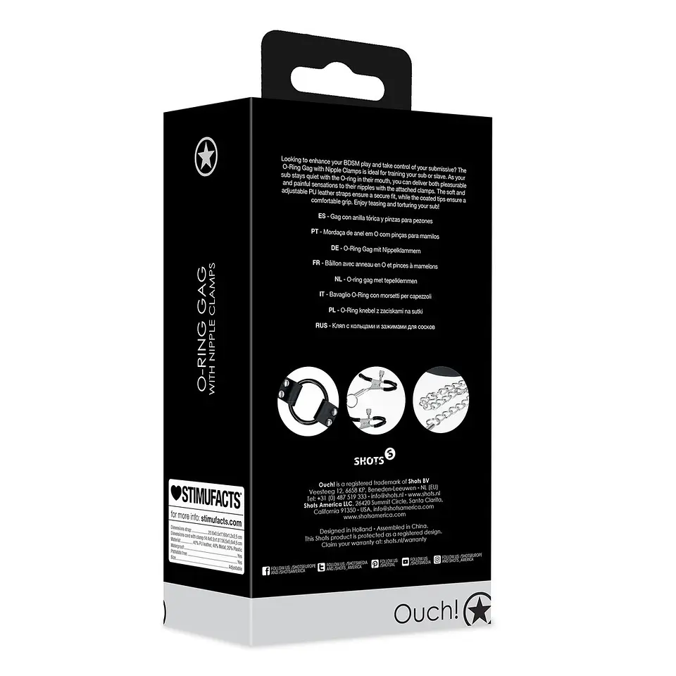Mordaça com Anel e Pinças para os Mamilos Preta Ouch! 3