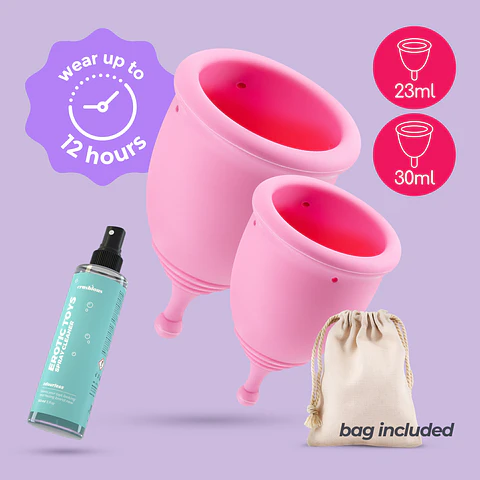 Copos Menstruais Minerva S + L com Bolsa e Limpador de Brinquedos 150 ML Crushious