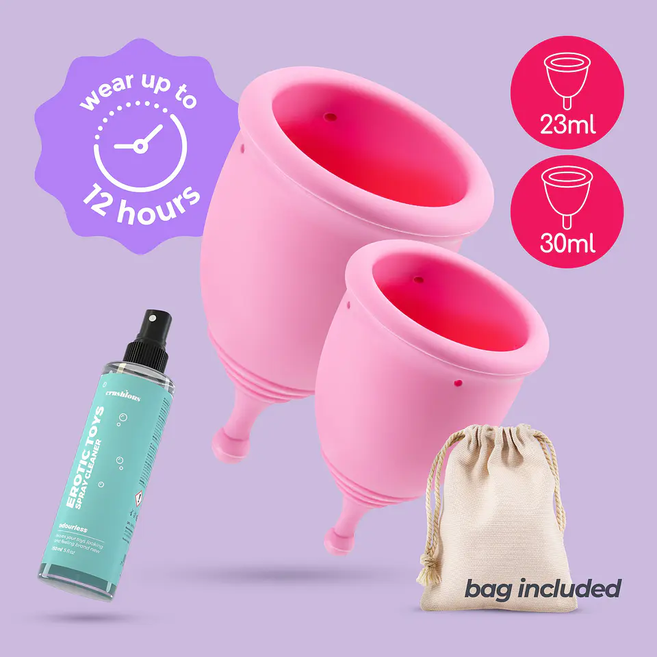 Copos Menstruais Minerva S + L com Bolsa e Limpador de Brinquedos 150 ML Crushious 1