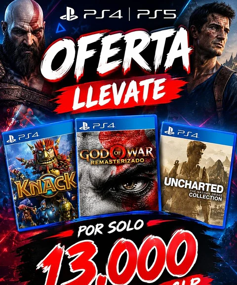 pack 2 llevate 3 por 13.000 clp god of war remastered knack 2 y uncharted