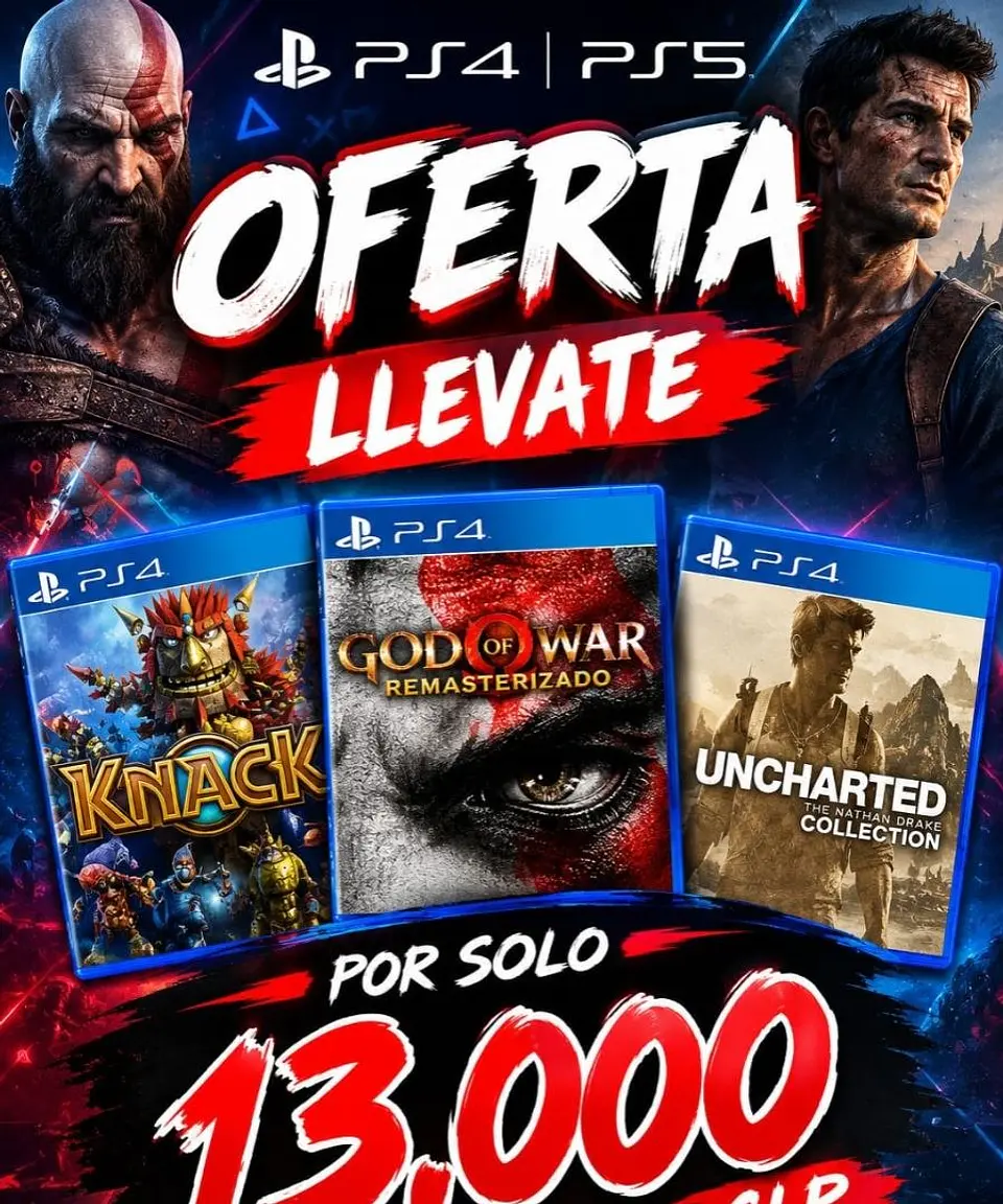 pack 2 llevate 3 por 13.000 clp god of war remastered knack 2 y uncharted 1