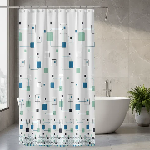 cortina de baño con diseño de cuadros 